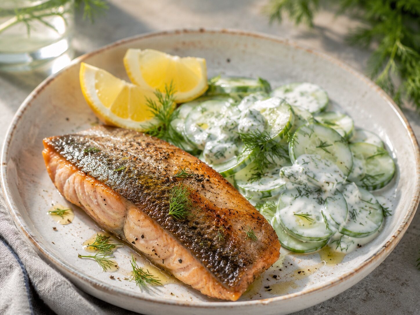 Gebratenes Forellenfilet mit Gurken-Dill-Salat und Zitronenspalten