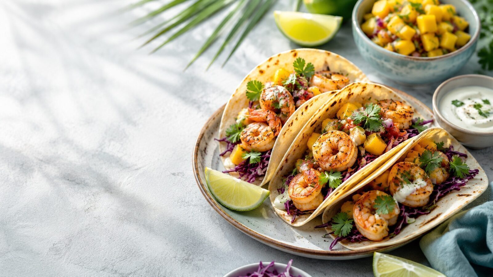 Garnelen-Tacos mit Mango-Salsa, Limette, Koriander und Rotkohl