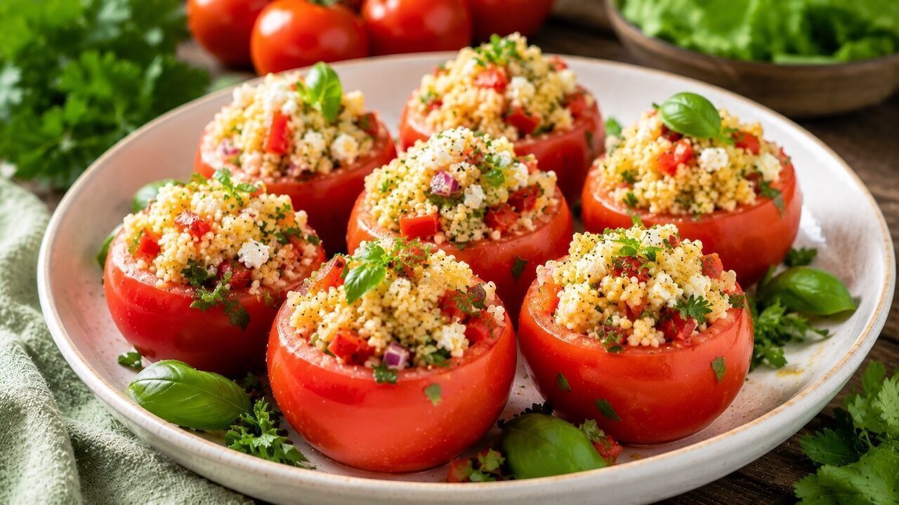 Gefüllte Tomaten mit Couscous, Paprika, Feta, Petersilie und Minze aus dem Ofen