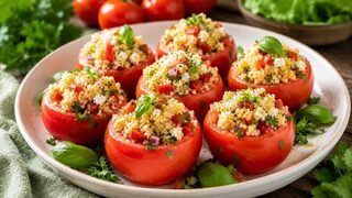 Gefüllte Tomaten mit Couscous, Paprika, Feta, Petersilie und Minze aus dem Ofen