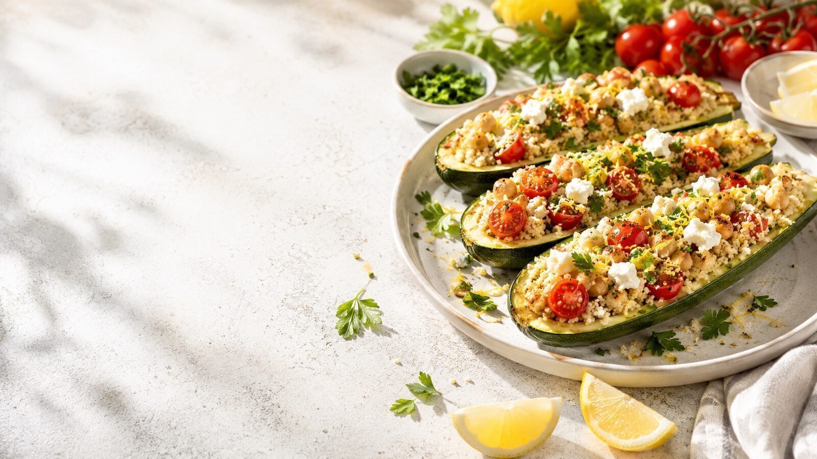 Gefüllte Zucchini mit Couscous, Kichererbsen, Feta und Kräutern
