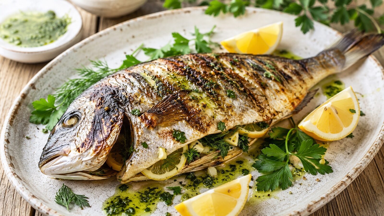 Gegrillte Dorade mit Kräutern, Zitrone und Petersilienöl