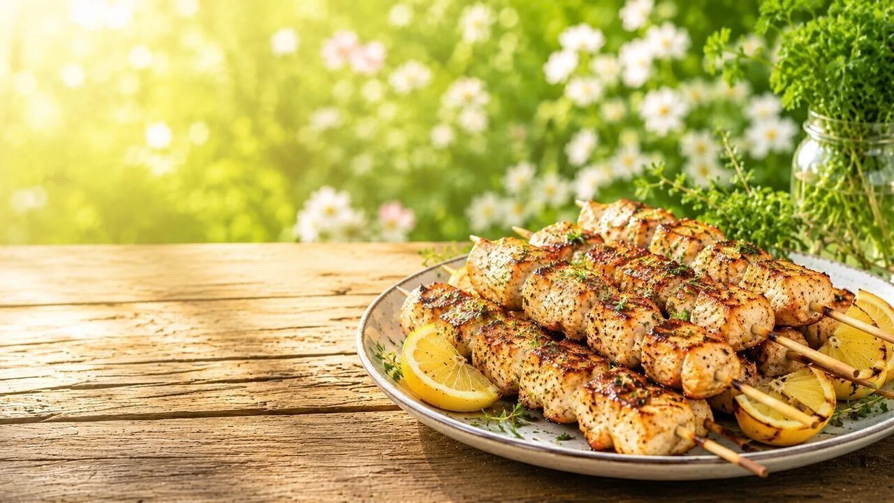 Gegrillte Hähnchenspieße mit Zitrone als frisches Sommerrezept für warme Tage, Grillabende und leichte Küche