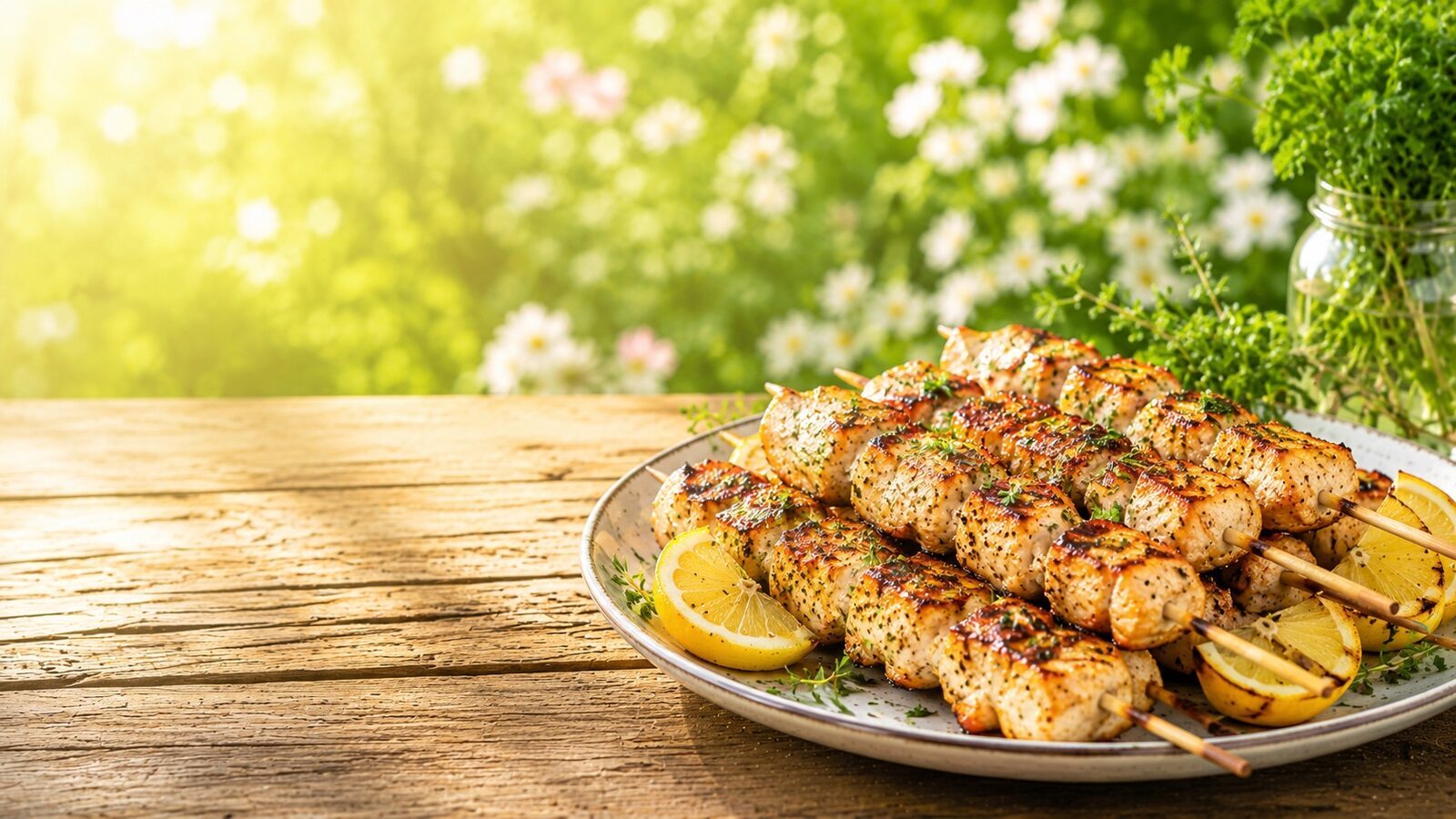 Gegrillte Hähnchenspieße mit Zitrone als frisches Sommerrezept für warme Tage, Grillabende und leichte Küche