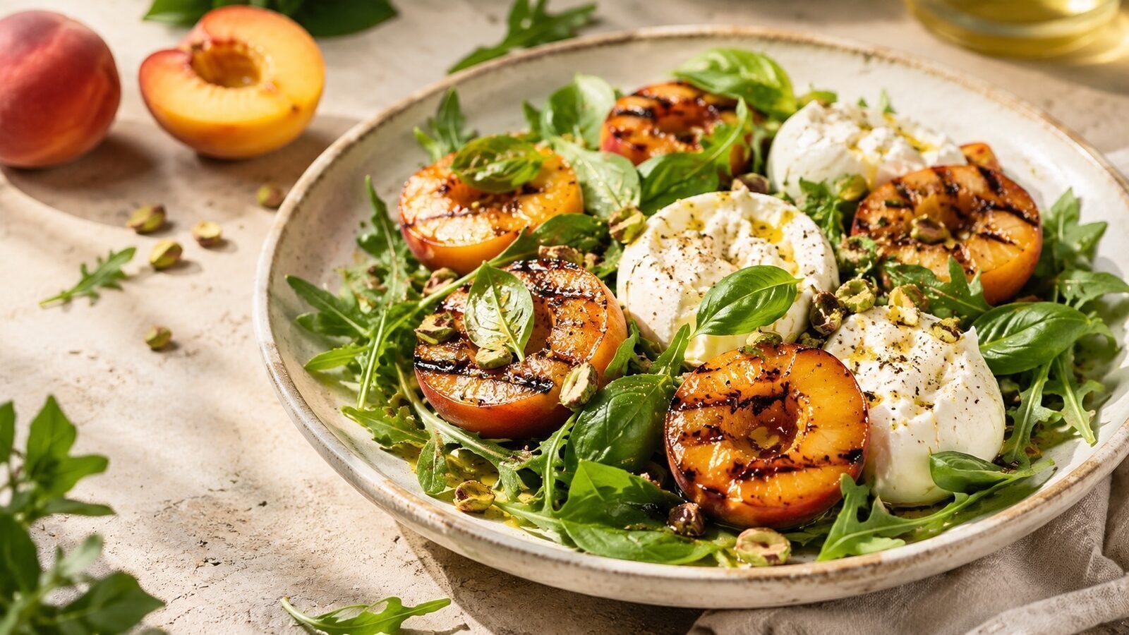 Gegrillte Pfirsiche mit Burrata, Rucola, Basilikum und gerösteten Pistazien
