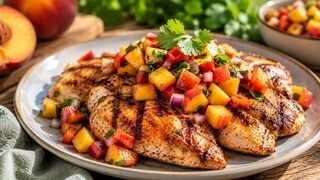 Gegrillte Hähnchenbrust mit Pfirsich-Salsa, Limette und frischem Koriander