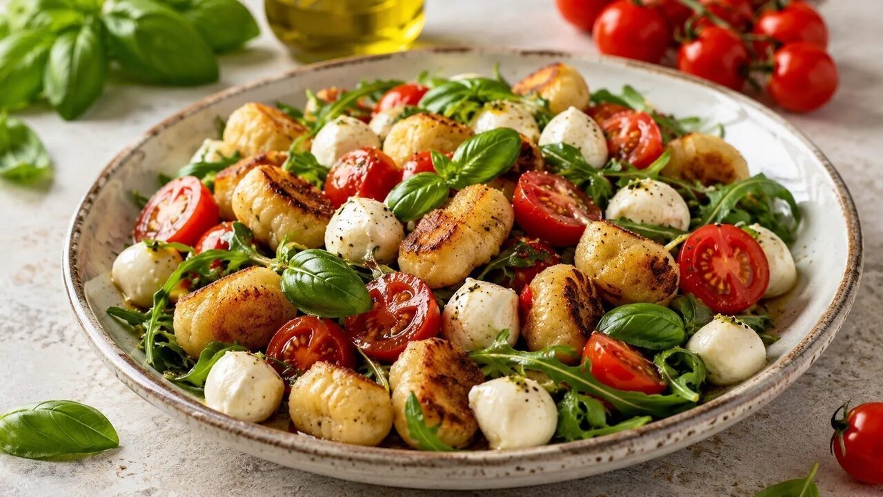 Gnocchi-Salat mit Tomaten, Mini-Mozzarella, Rucola, Basilikum und Balsamico-Dressing