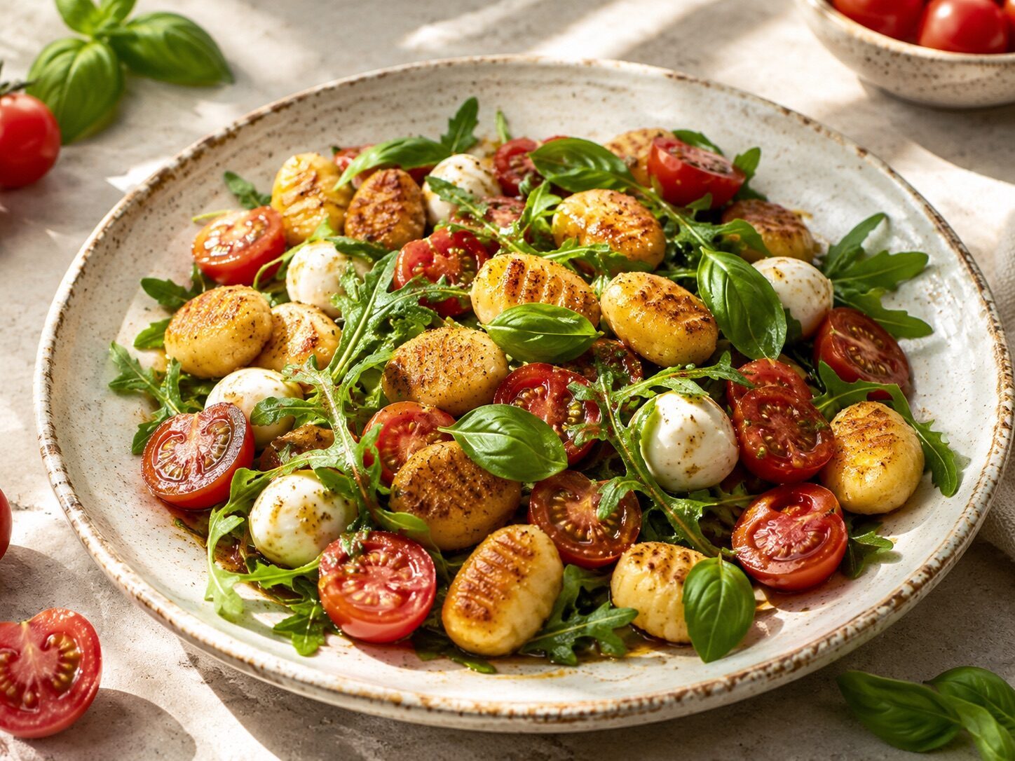 Gnocchi-Salat mit Tomaten, Mozzarella, Rucola und Basilikum