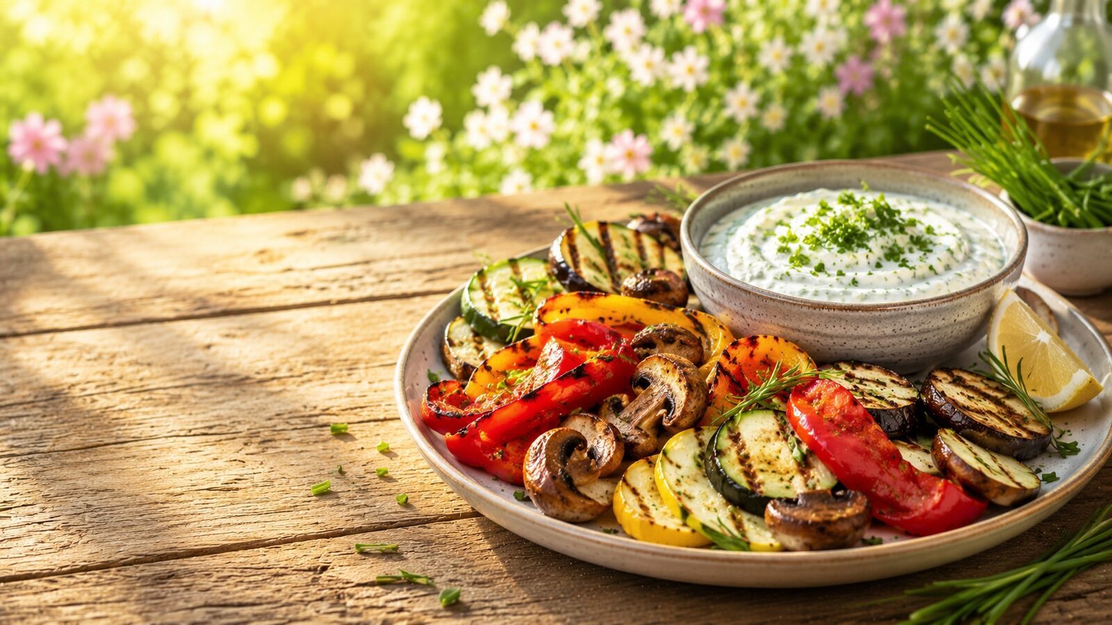 Grillgemüse mit Kräuterquark als frisches Sommerrezept für warme Tage, Grillabende und leichte Küche