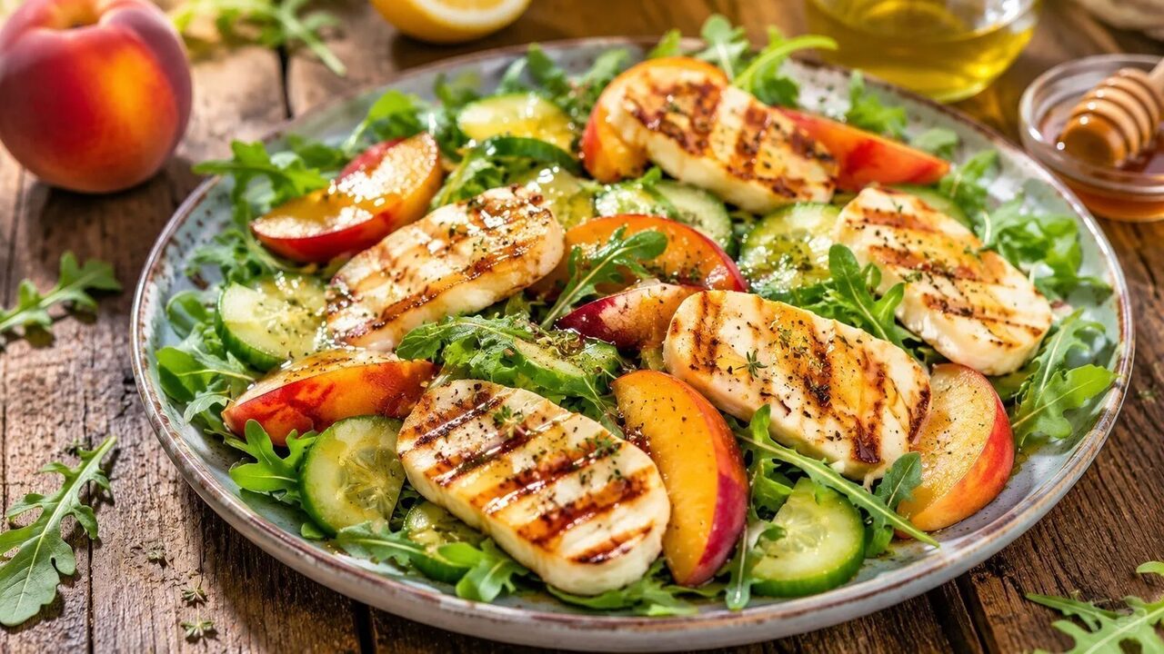 Grillkäse-Salat mit Nektarinen, Rucola und Honig-Zitronen-Dressing