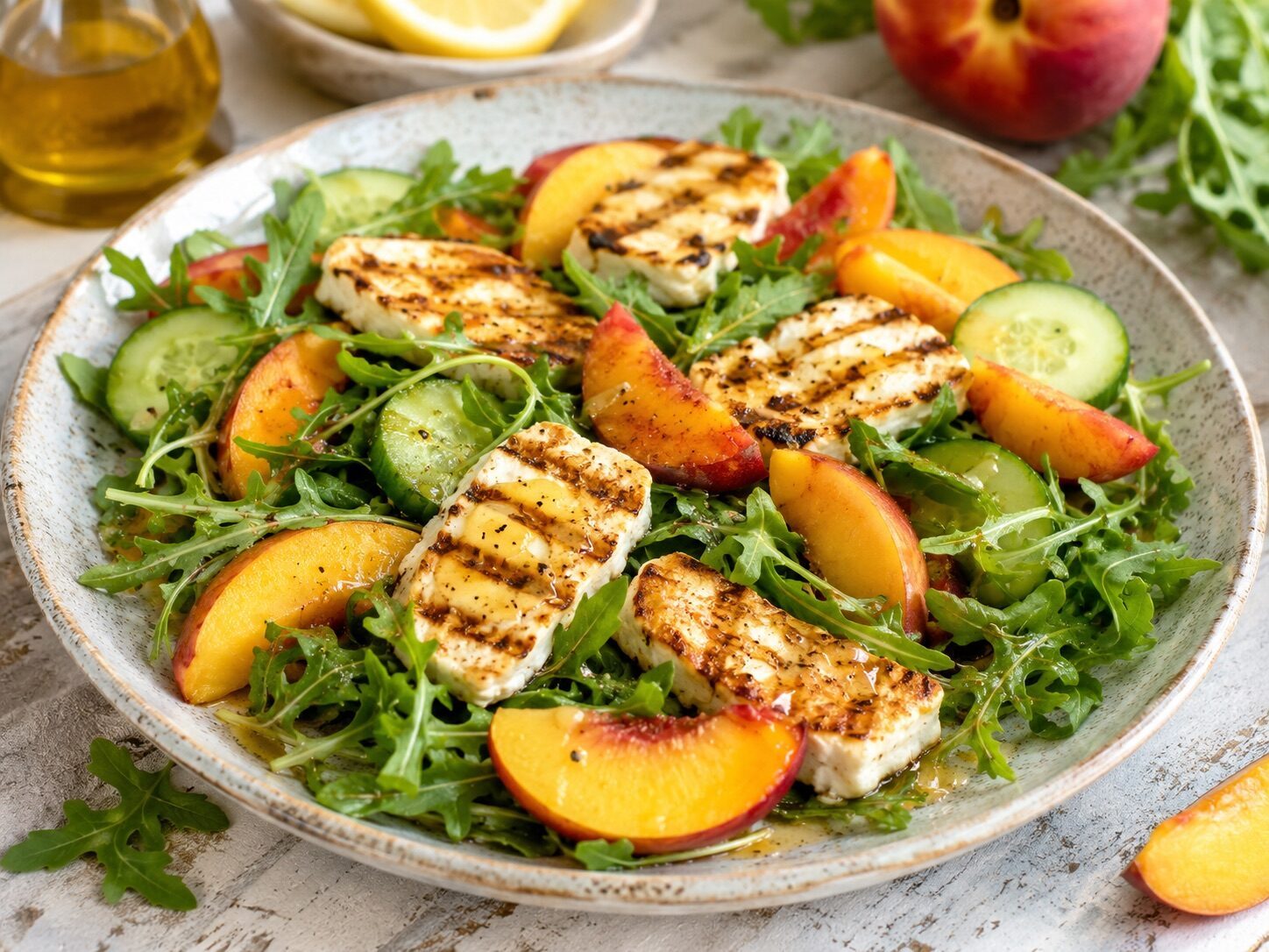 Grillkäse-Salat mit Nektarinen, Rucola und Honig-Zitronen-Dressing