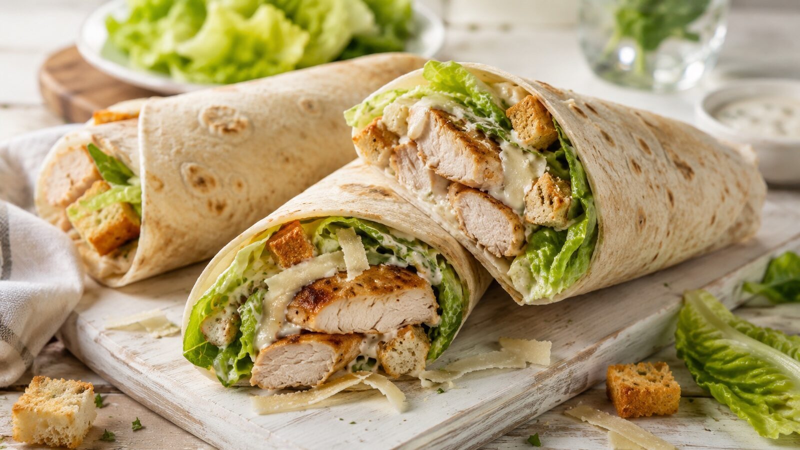 Hähnchen-Caesar-Wraps mit Romanasalat, Parmesan und cremigem Dressing