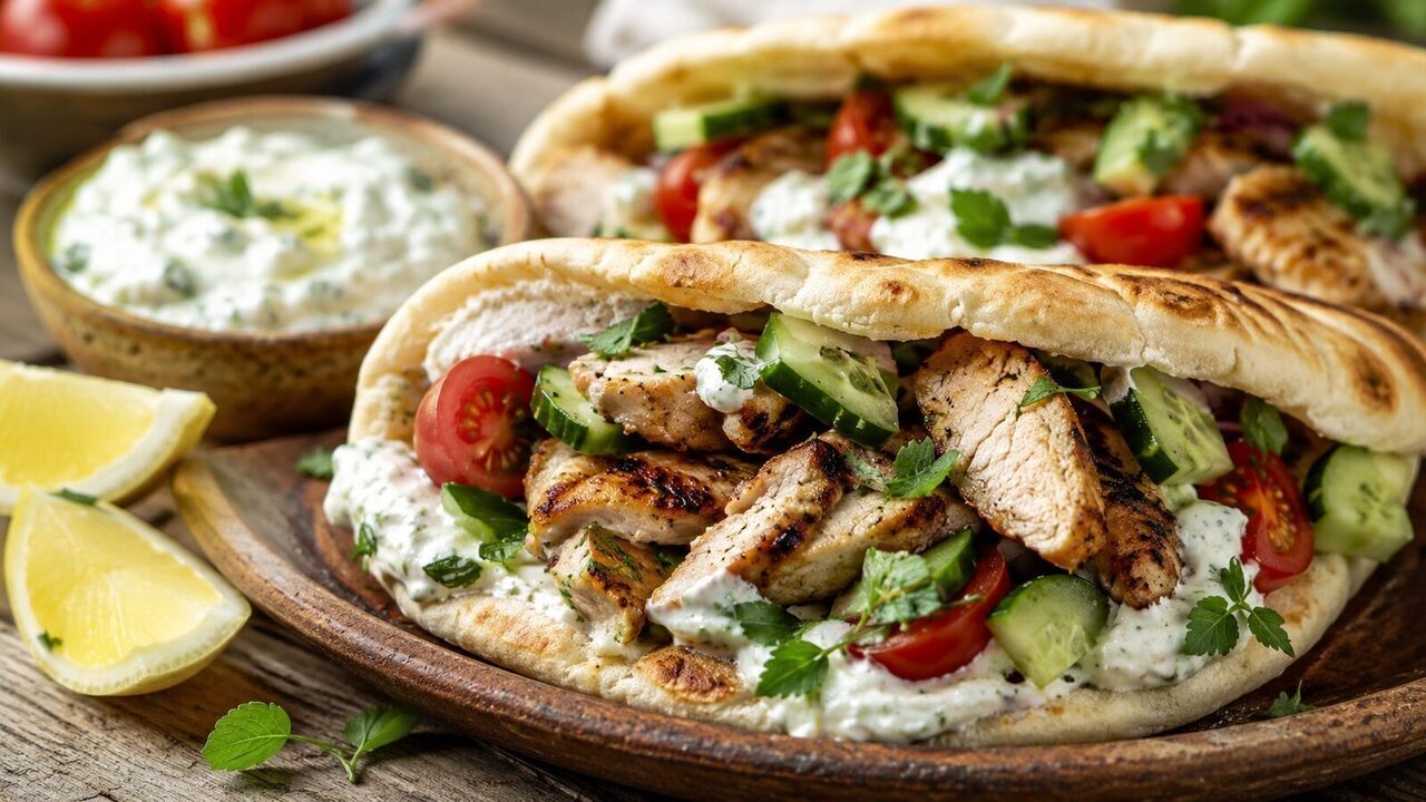 Hähnchen-Pita mit Tzatziki, Tomaten, Gurke und Kräutern als sommerliches Gericht