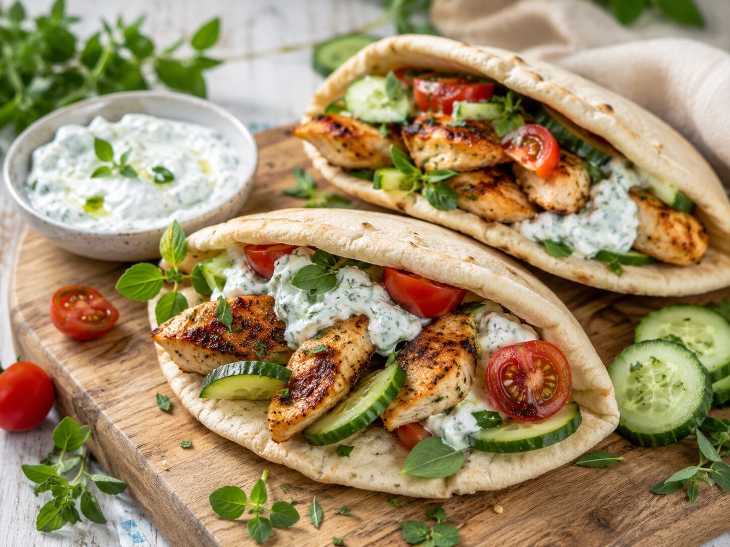 Hähnchen-Pita mit Tzatziki, Tomaten, Gurke und Kräutern als sommerliches Gericht