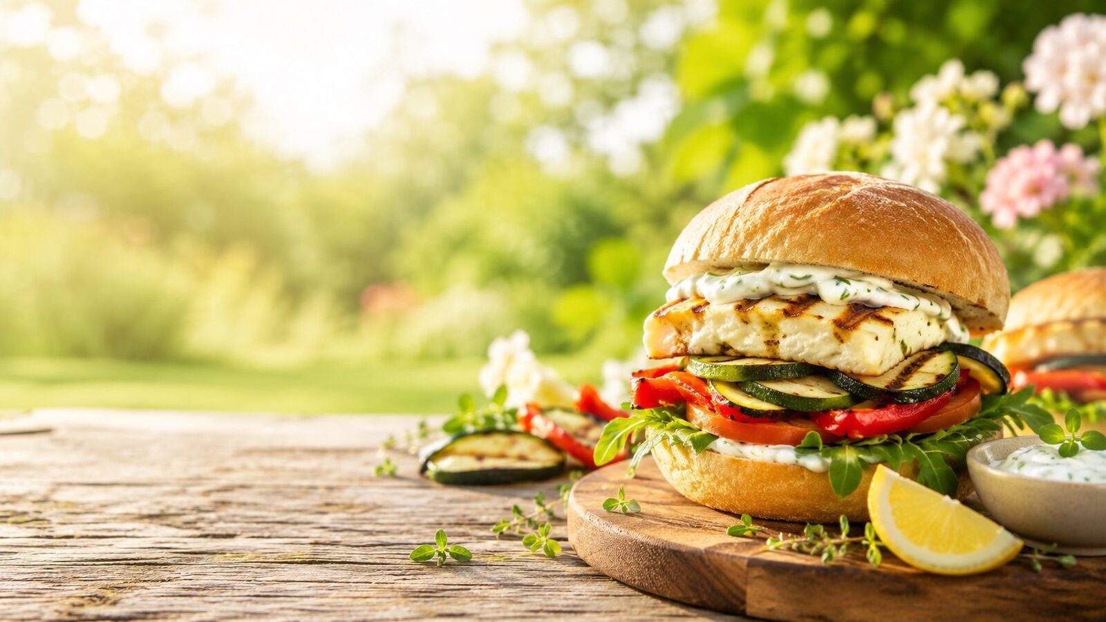 Halloumi-Burger mit Grillgemüse als frisches Sommerrezept für warme Tage, Grillabende und leichte Küche