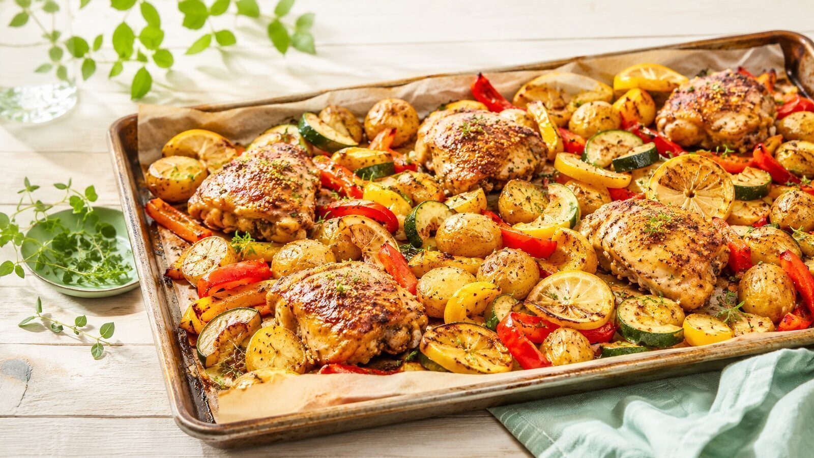 Honig-Senf-Hähnchen vom Blech mit Kartoffeln, Paprika und Zucchini