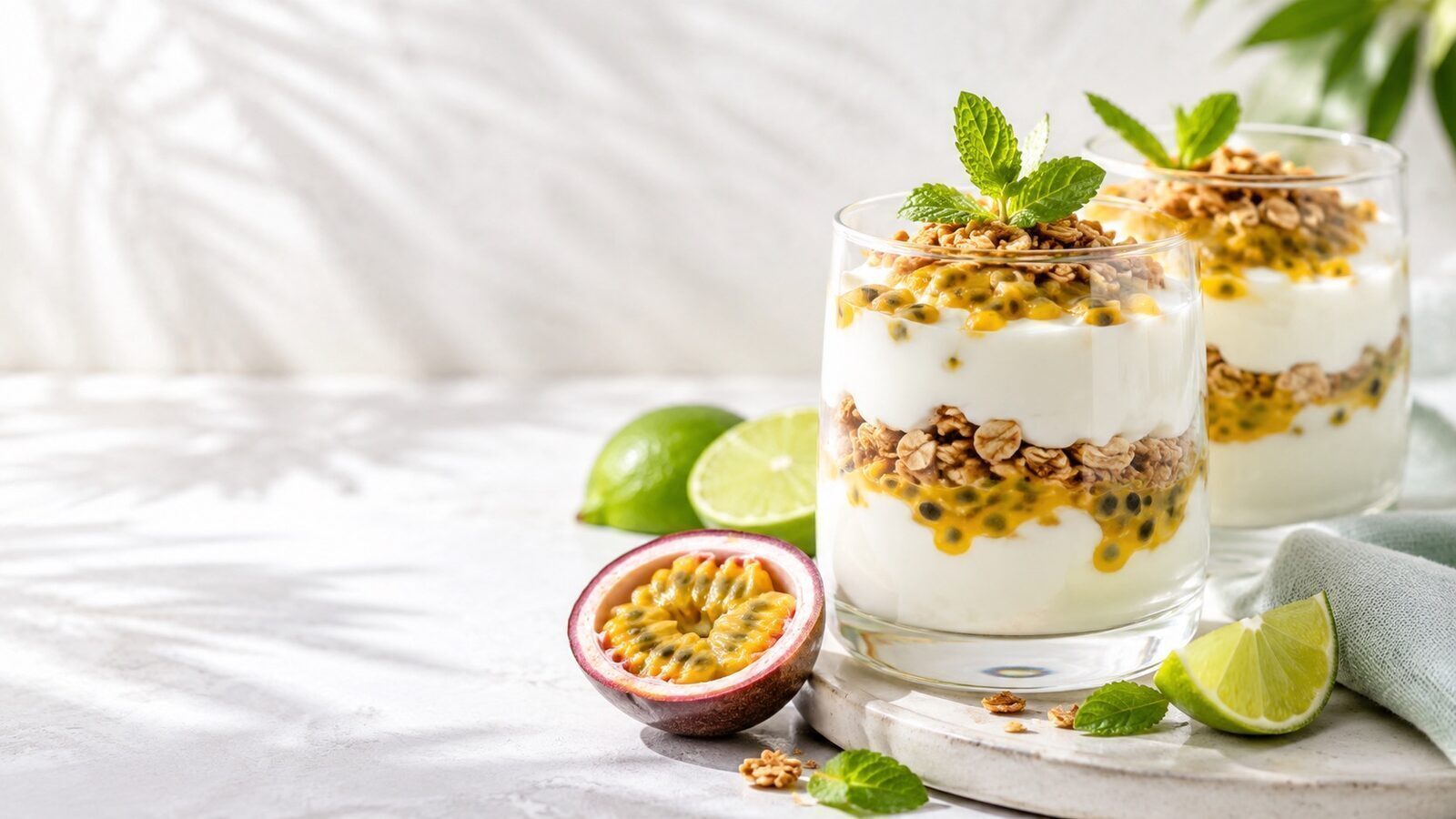 Joghurt-Maracuja-Dessert im Glas mit Granola und Minze