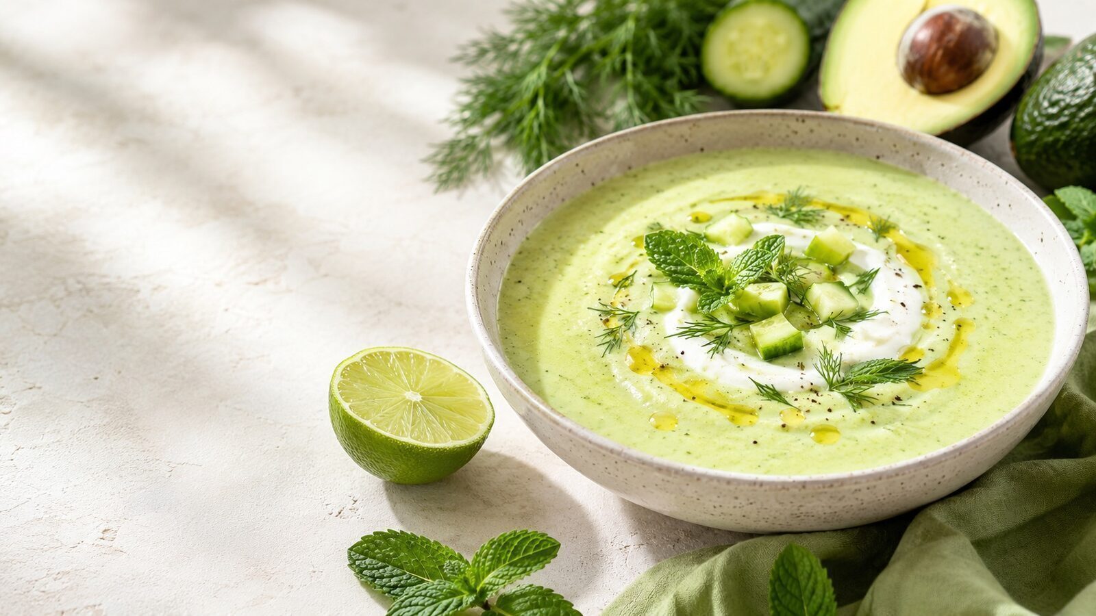 Kalte Avocado-Gurken-Suppe mit Kräutern, Joghurt und Limette