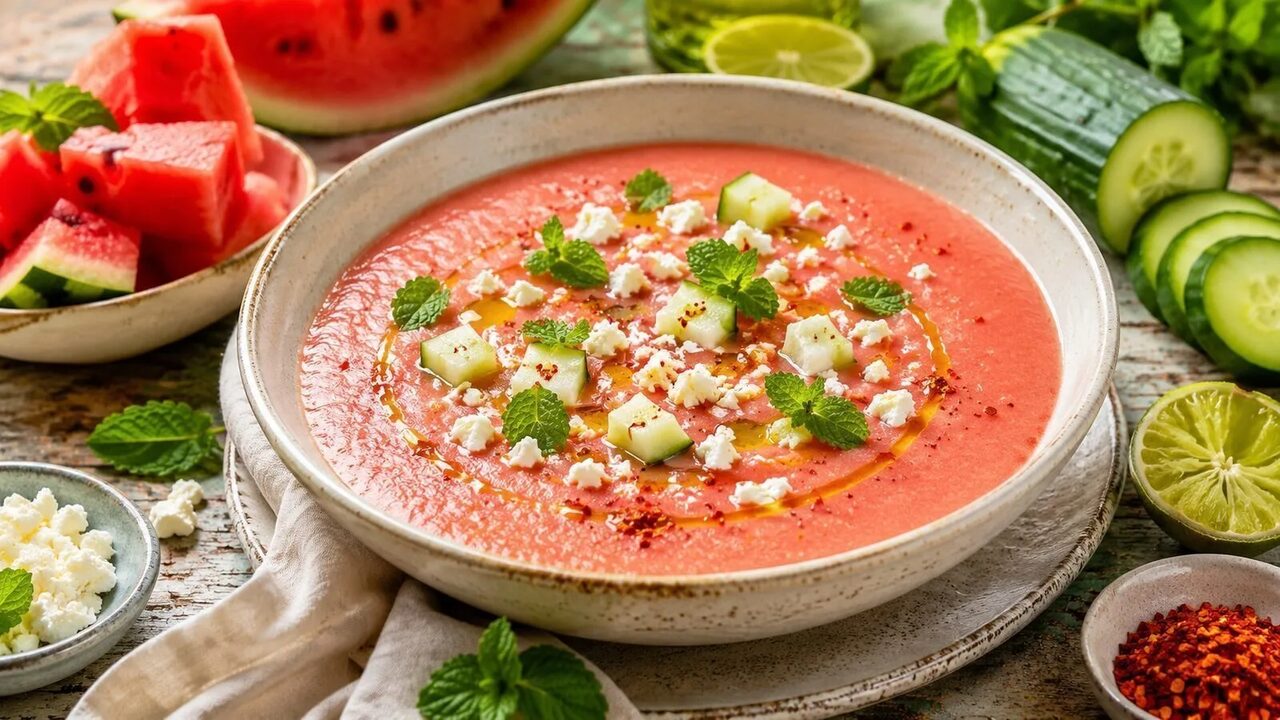 Kalte Melonen-Feta-Suppe mit Minze, Gurke und zerbröseltem Feta