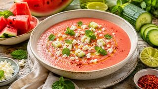 Kalte Melonen-Feta-Suppe mit Minze, Gurke und zerbröseltem Feta