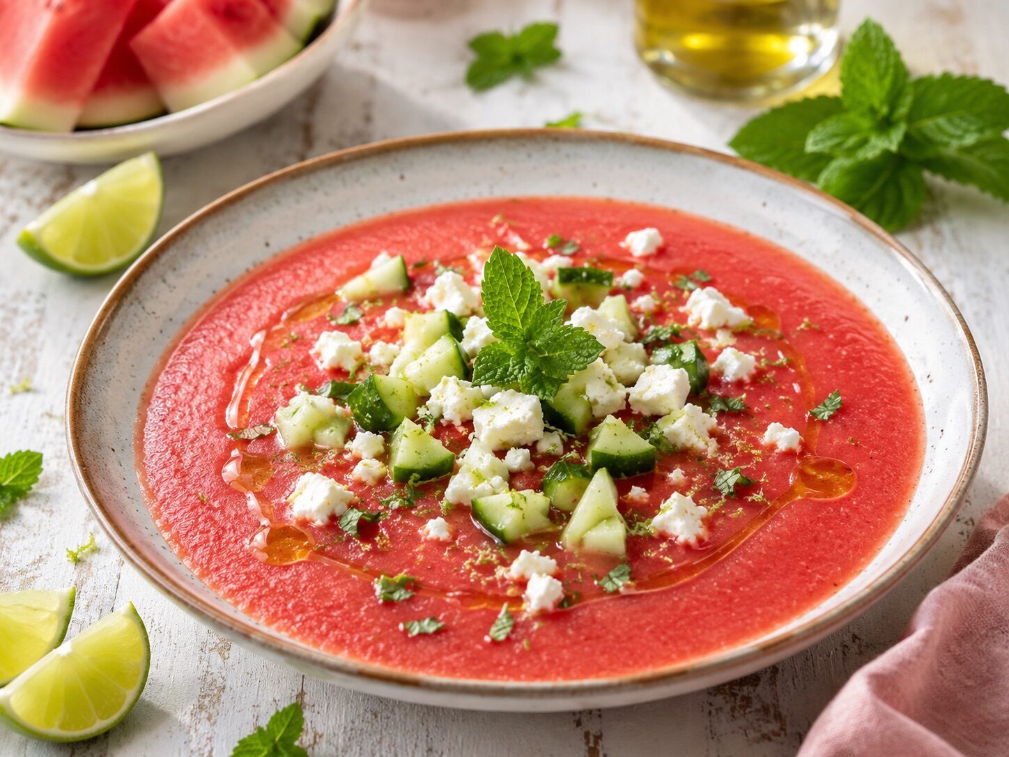 Kalte Melonen-Feta-Suppe mit Minze, Gurke und zerbröseltem Feta