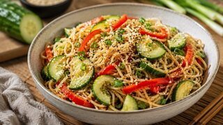 Kalter Sesam-Gurken-Nudelsalat mit Soba, Karotten, Frühlingszwiebeln und Sesam