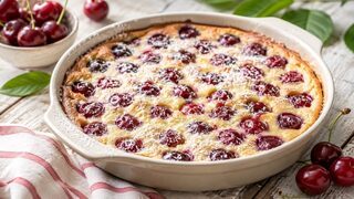Lauwarmes Kirsch-Clafoutis mit Puderzucker in einer hellen Auflaufform