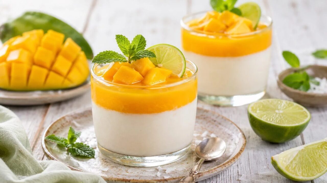 Kokos-Panna-Cotta mit Mango im Glas, Limette und Minze