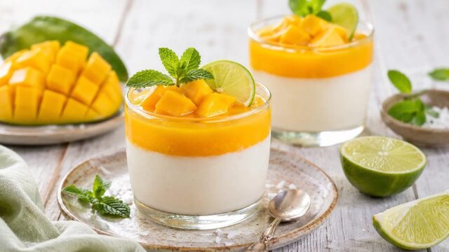 Kokos-Panna-Cotta mit Mango im Glas, Limette und Minze