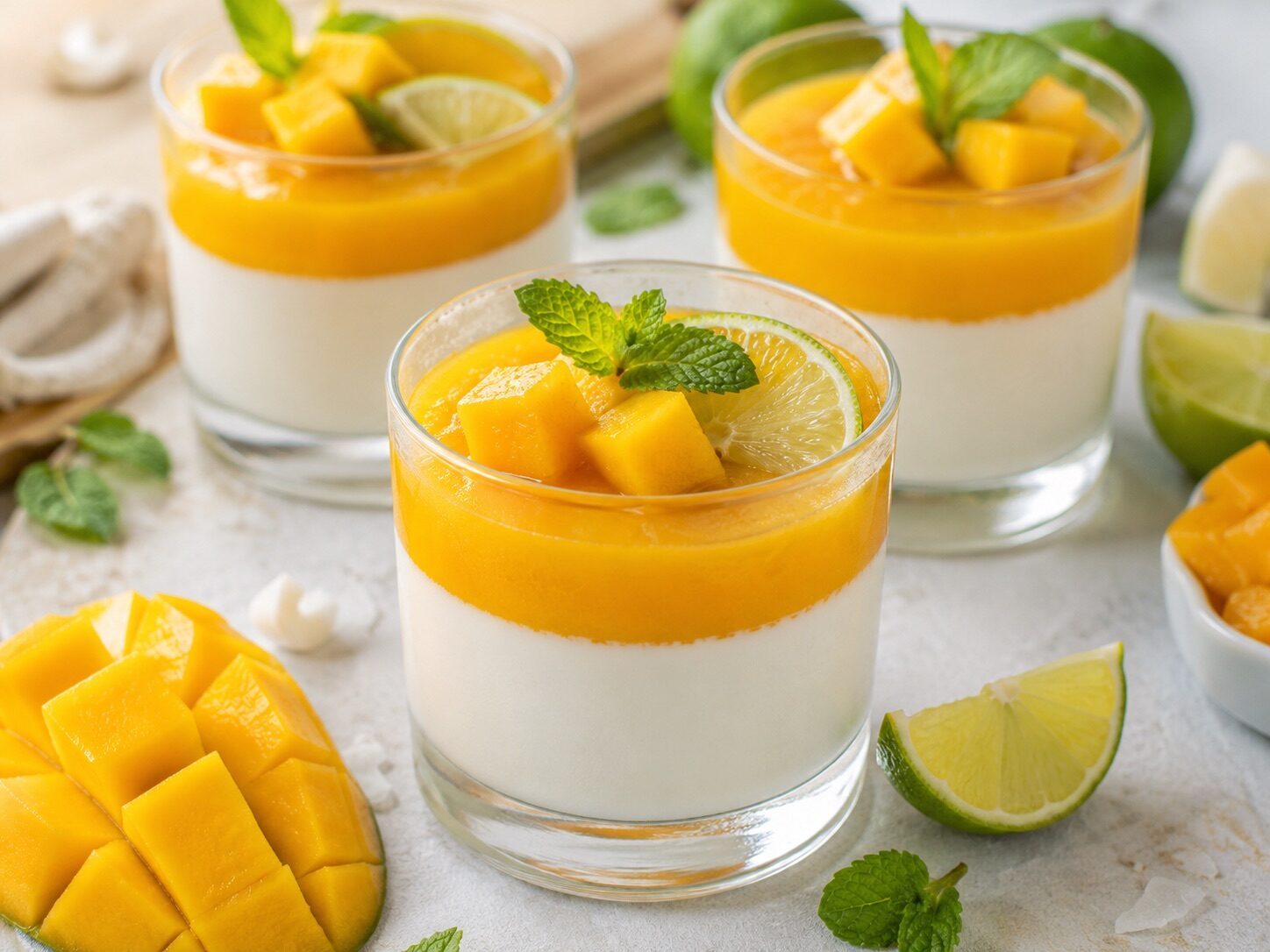 Kokos-Panna-Cotta mit Mango im Glas, Limette und Minze