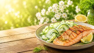 Lachs vom Grill mit Gurkensalat als frisches Sommerrezept für warme Tage, Grillabende und leichte Küche