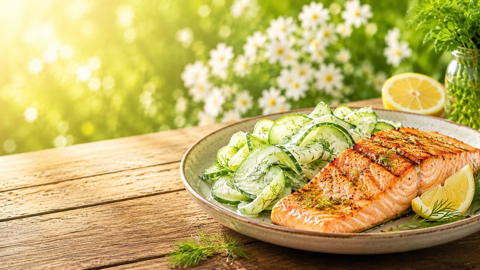 Lachs vom Grill mit Gurkensalat als frisches Sommerrezept für warme Tage, Grillabende und leichte Küche