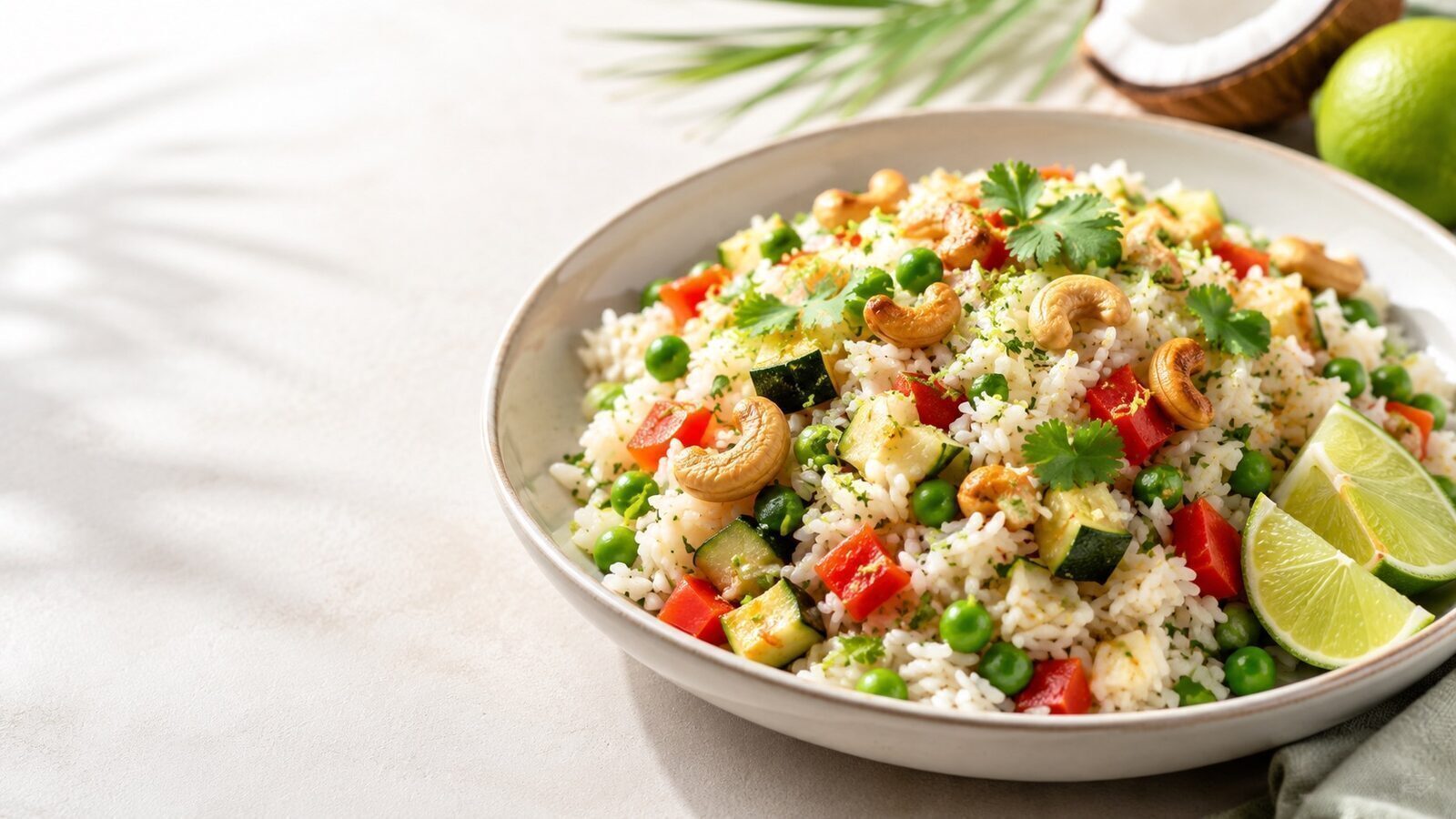 Limetten-Kokos-Reis mit Sommergemüse, Kräutern und gerösteten Cashews