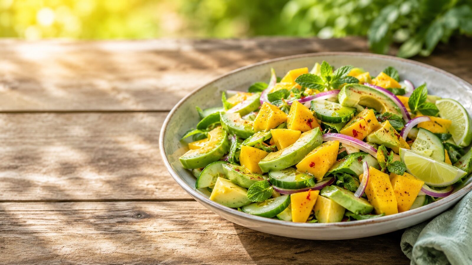 Mango-Avocado-Salat mit Limette als frisches Sommerrezept für warme Tage, Grillabende und leichte Küche