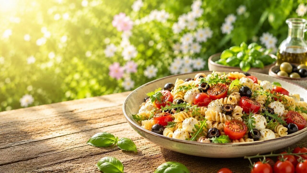 Mediterraner Nudelsalat als frisches Sommerrezept für warme Tage, Grillabende und leichte Küche