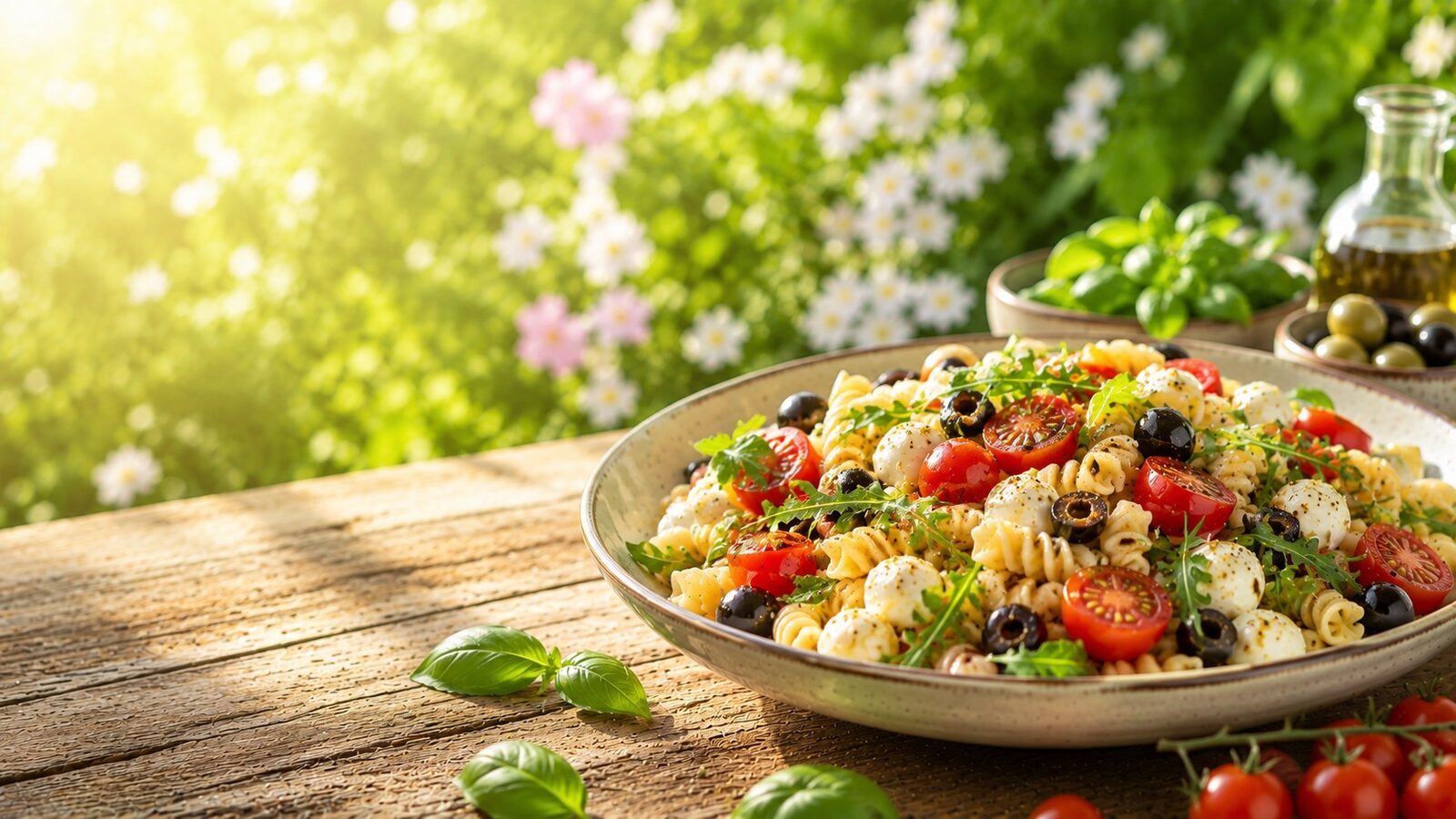 Mediterraner Nudelsalat als frisches Sommerrezept für warme Tage, Grillabende und leichte Küche