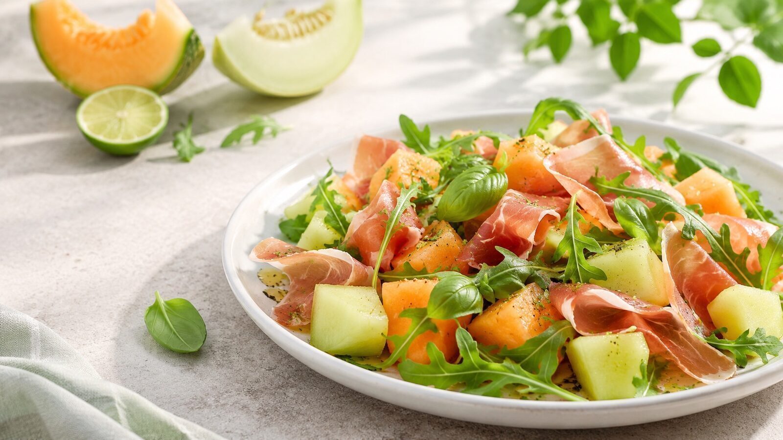 Melonen-Prosciutto-Salat mit Rucola, Basilikum und Limettendressing