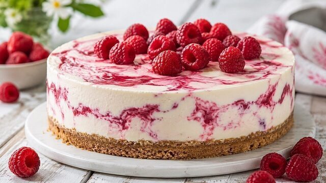 No-Bake Himbeer-Cheesecake mit Keksboden, Himbeer-Swirl und frischen Beeren