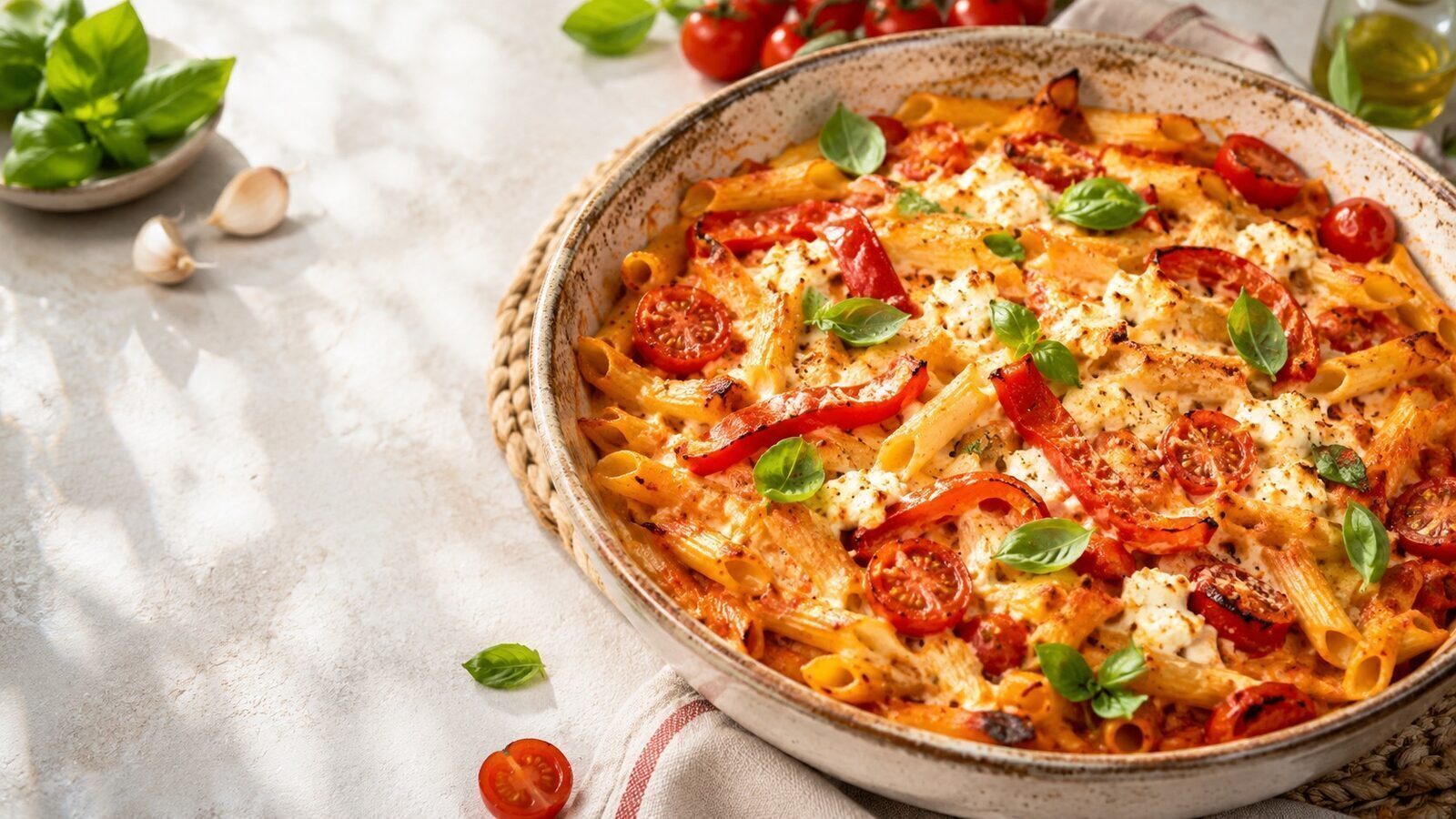 Paprika-Feta-Pasta aus dem Ofen mit Basilikum und cremiger Sauce