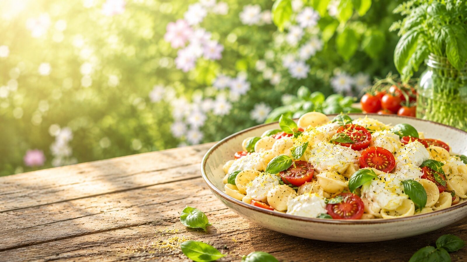 Pasta mit Kirschtomaten und Burrata als frisches Sommerrezept für warme Tage, Grillabende und leichte Küche