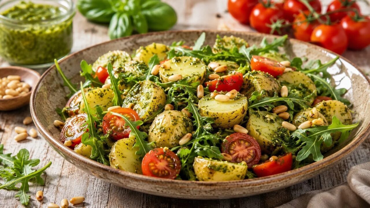 Pesto-Kartoffelsalat mit Rucola, Kirschtomaten und Pinienkernen