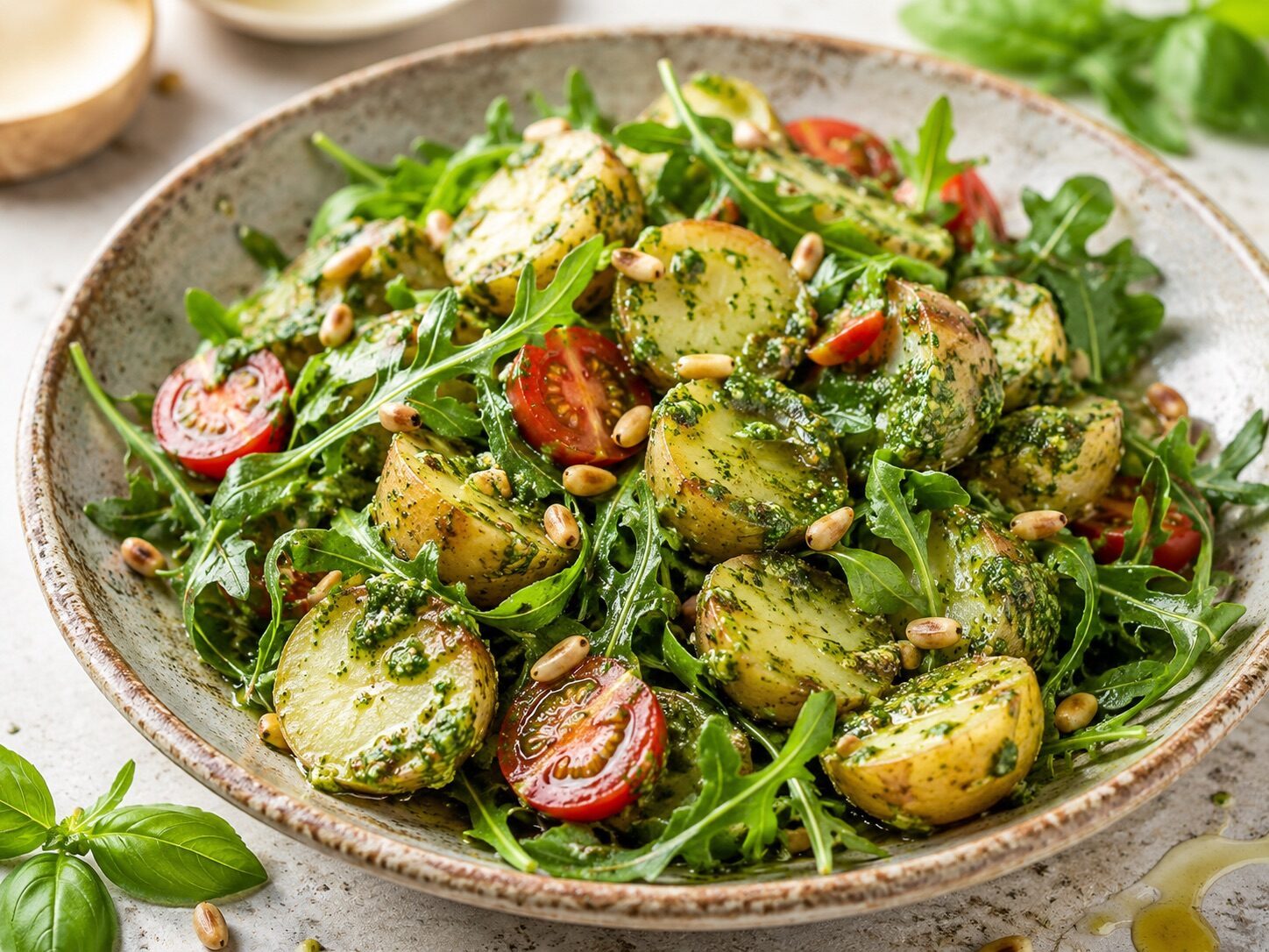 Pesto-Kartoffelsalat mit Rucola, Kirschtomaten und Pinienkernen