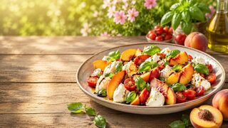 Pfirsich-Caprese mit Basilikum als frisches Sommerrezept für warme Tage, Grillabende und leichte Küche