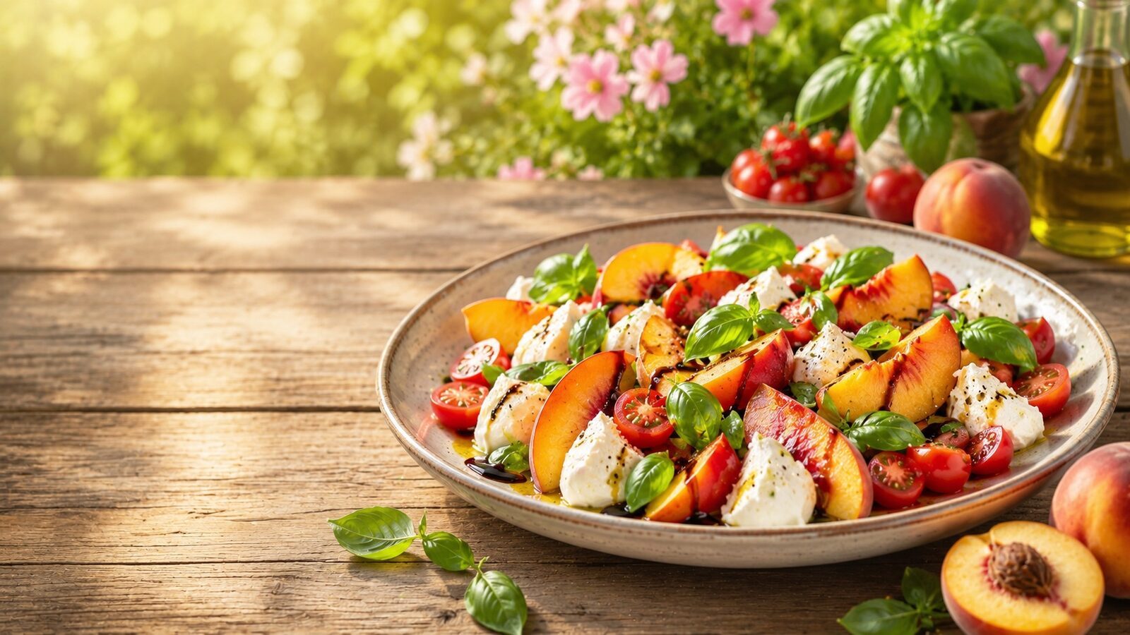 Pfirsich-Caprese mit Basilikum als frisches Sommerrezept für warme Tage, Grillabende und leichte Küche