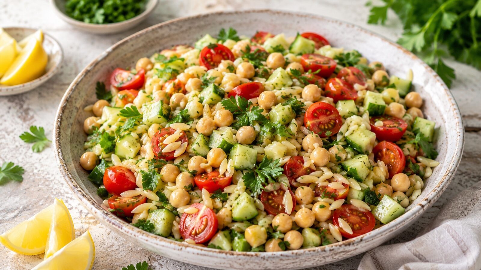 Risoni-Salat mit Kichererbsen, Gurke, Tomaten und frischen Kräutern