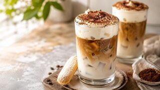 Kalter Tiramisu-Latte mit Espresso, Milch, Mascarponecreme und Kakaopulver