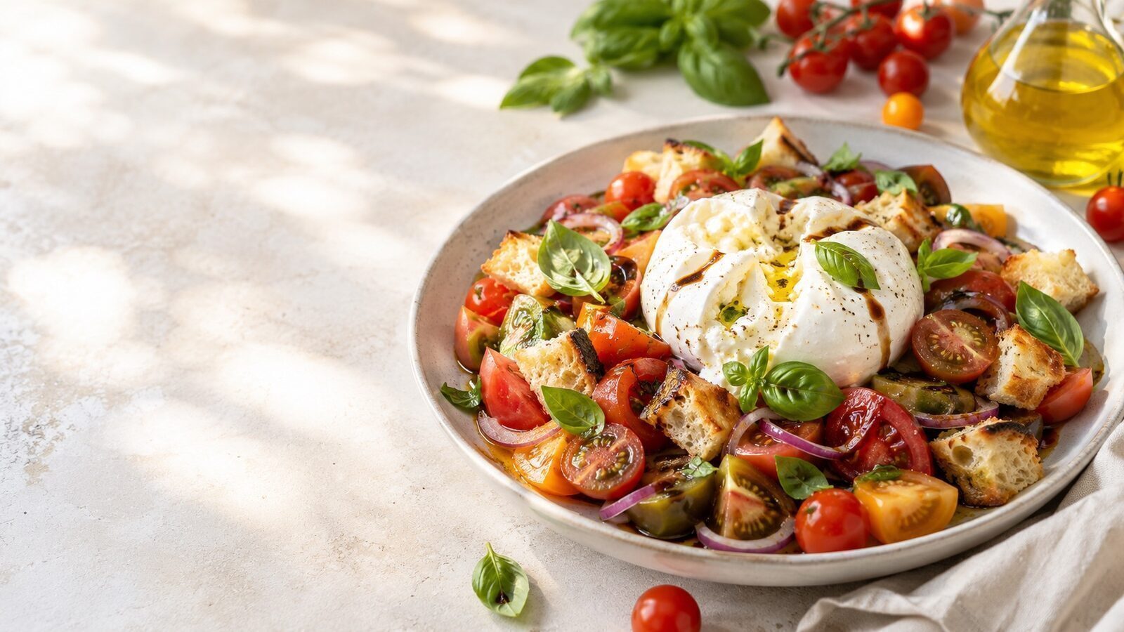 Tomaten-Burrata-Brot-Salat mit geröstetem Brot, Basilikum und Olivenöl