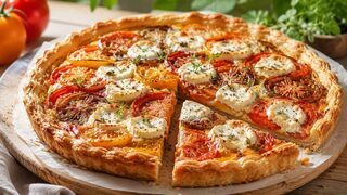 Goldbraune Tomaten-Tarte mit Ziegenkäse, bunten Tomatenscheiben und Thymian