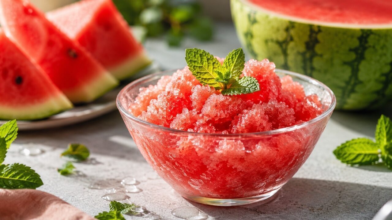 Rosa Wassermelonen-Granita mit Limettenschale und Minze in gekühlten Gläsern