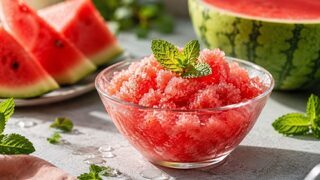 Rosa Wassermelonen-Granita mit Limettenschale und Minze in gekühlten Gläsern